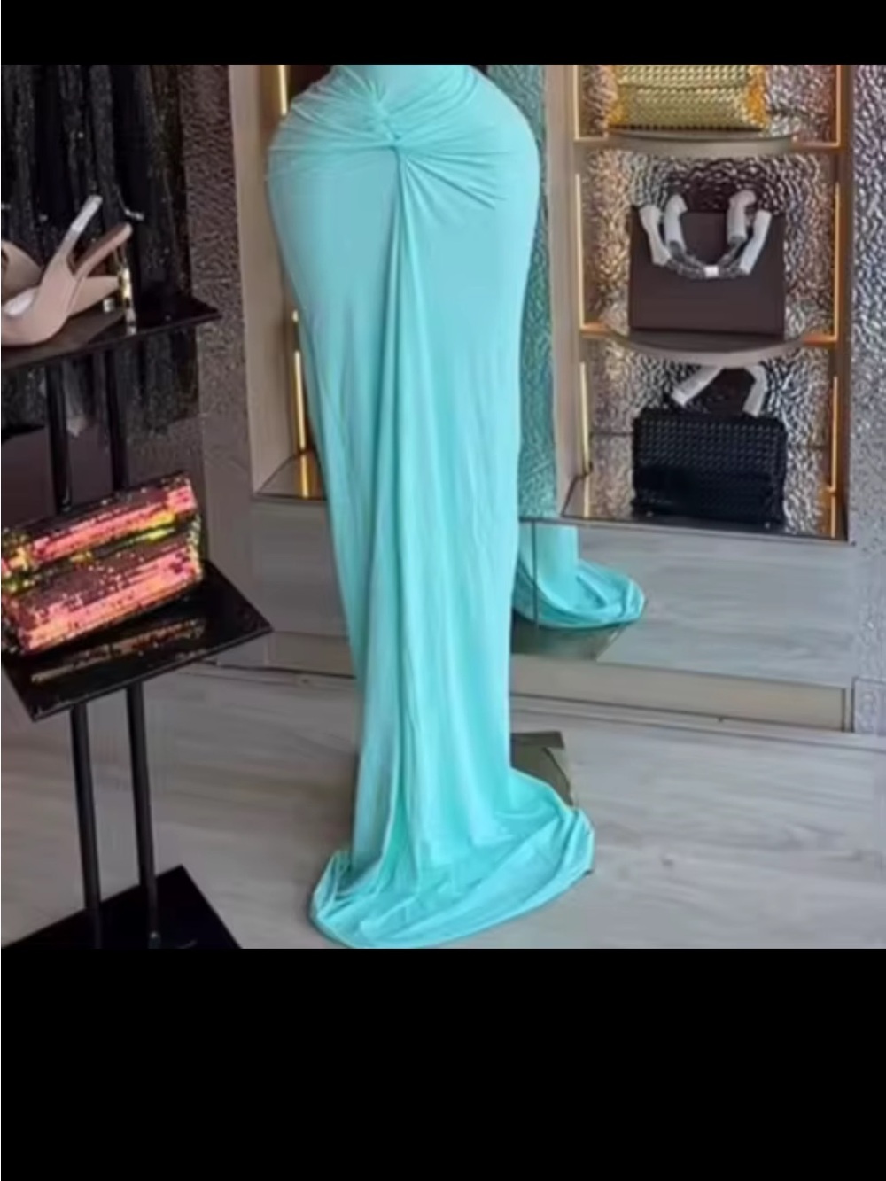 One-Shoulder Aqua Draped Evening Gown - Picture 9 of 11
